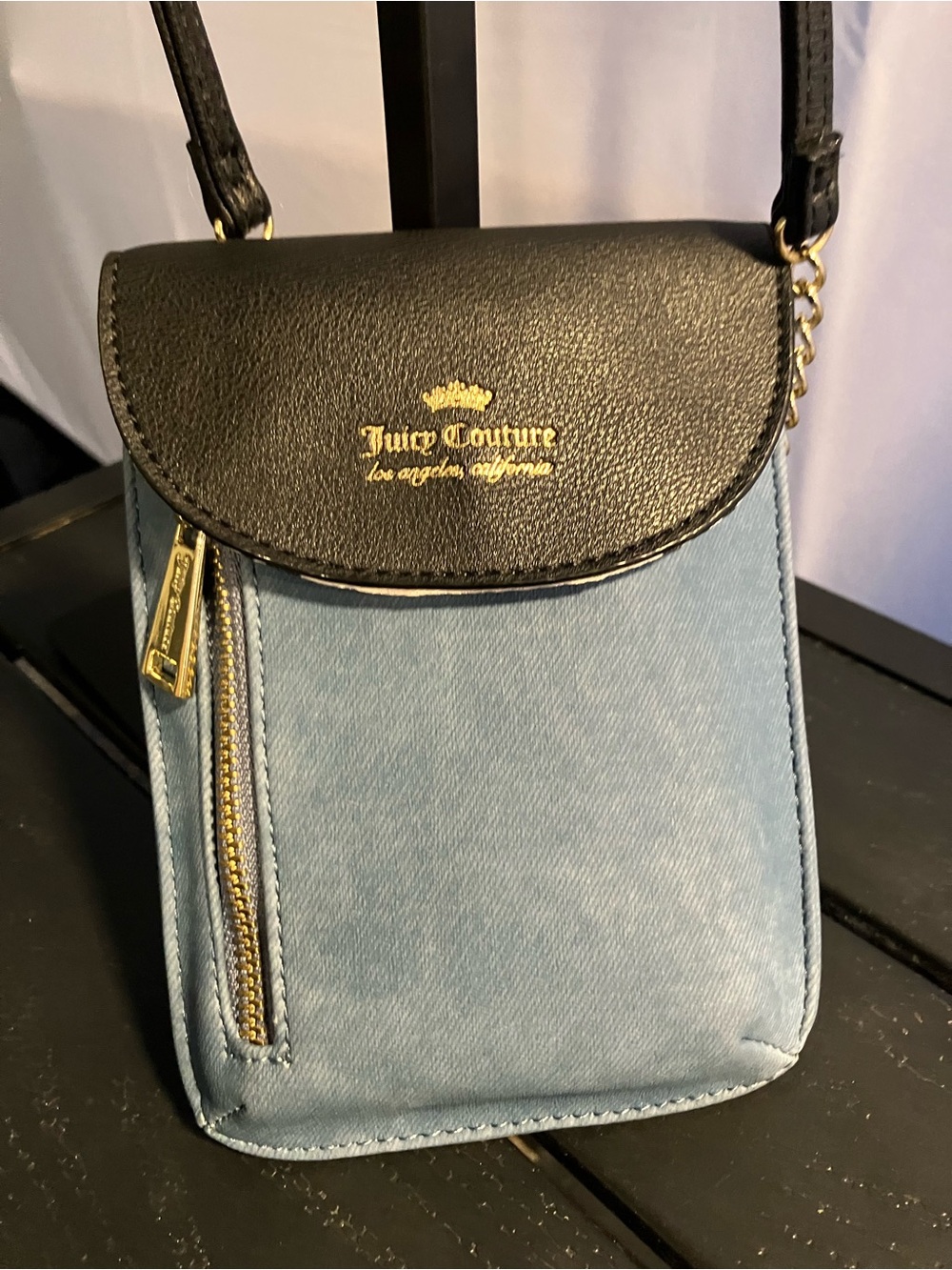 Juicy Couture Black & Light Blue Denim-Style Crossbody Phone Pouch